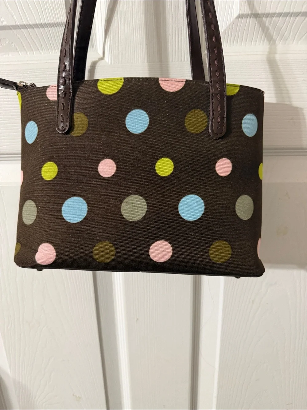 Source Unknown Brown Polka Dot Shoulder Bag with Pink, Blue & Green Dots - Picture 3 of 5
